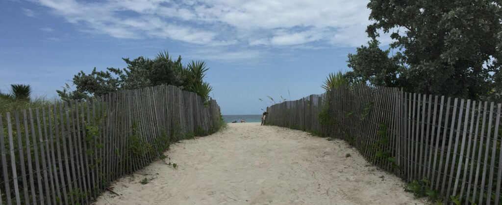 A fence-lined sandy pathway leading to the ocean under blue sky with white clouds