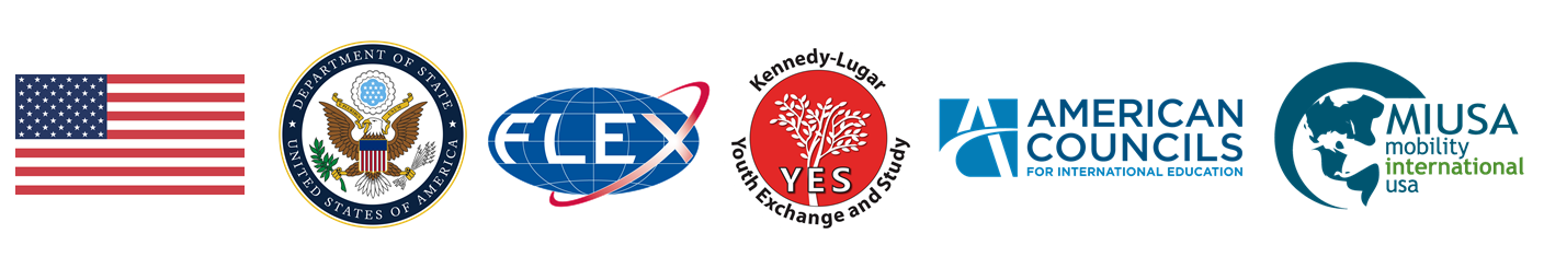 Form left to right: American flag, U.S. Department of State seal, FLEX logo, YES logo, American Councils logo, MIUSA logo