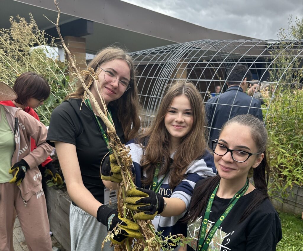 Three students holding an overgrown plant at a community garden.