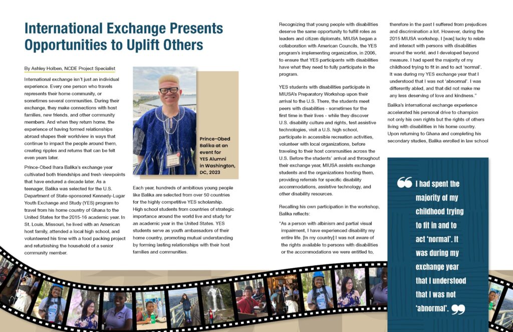 Magazine spread featuring columns of text, a boxed quote, photo of Prince Obed, and footer of small traveler photos