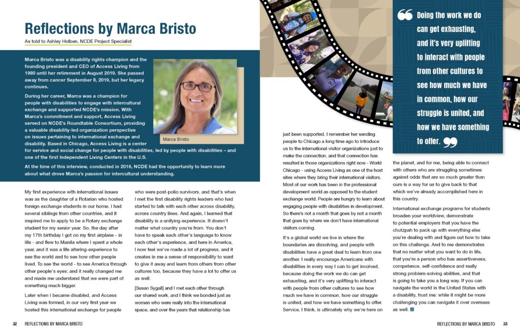 Magazine spread with columns of text and header photo of Marca Bristo