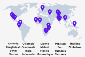 A world map with purple pins indicating the location of the 18 WILD 2025 in-country trainings.