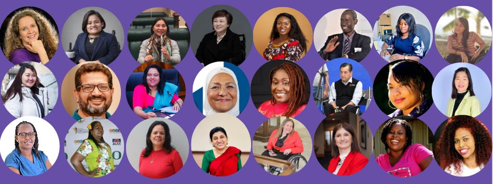 Collage of 24 circular professional portraits of different individuals against a purple background
