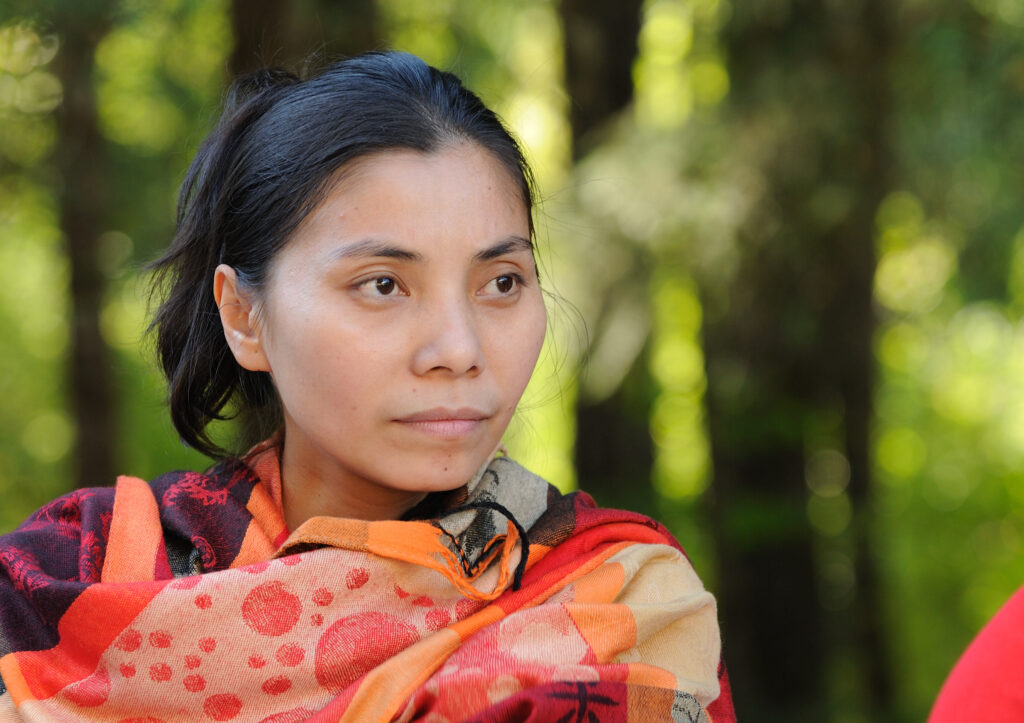 Close up of Loan professional portrait, looking away from camera, forest in background, colorful scarf around shoulders